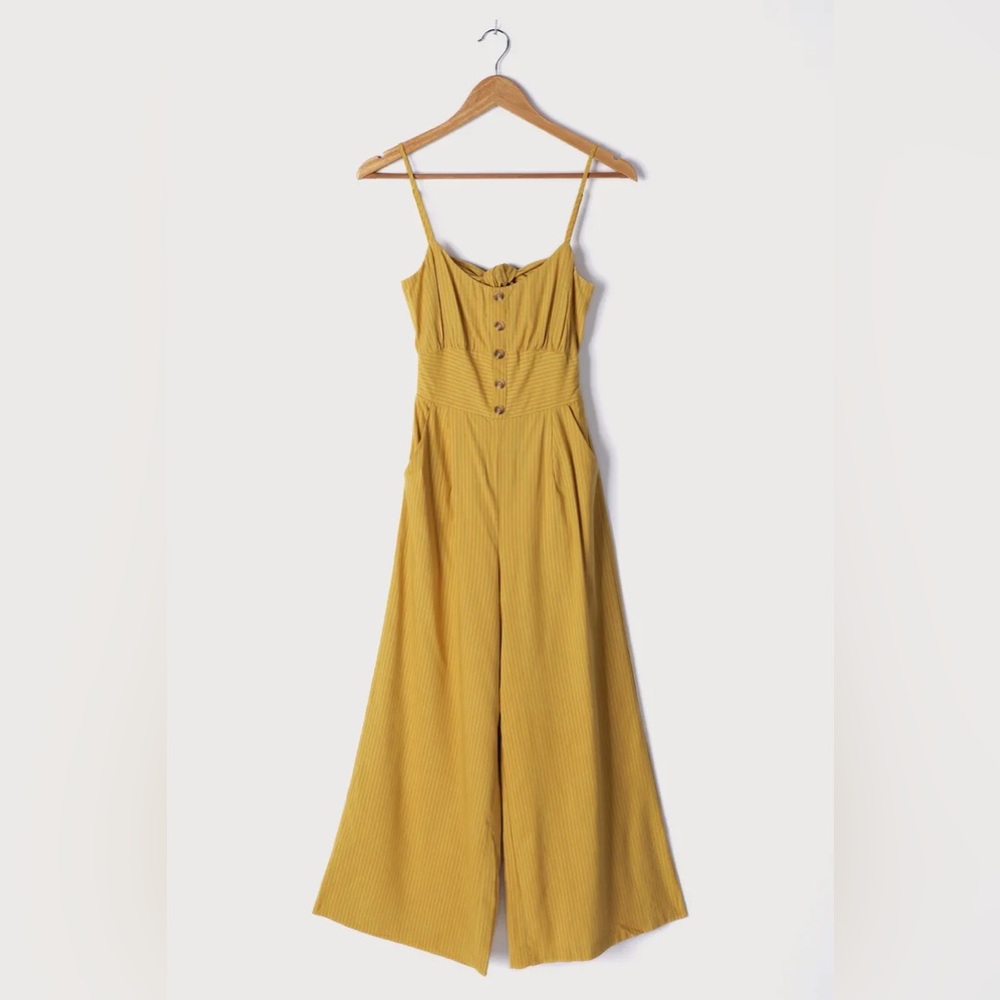 Lulu’s Coastal Air Mustard Yellow Striped Tie-Back Culotte Jumpsuit